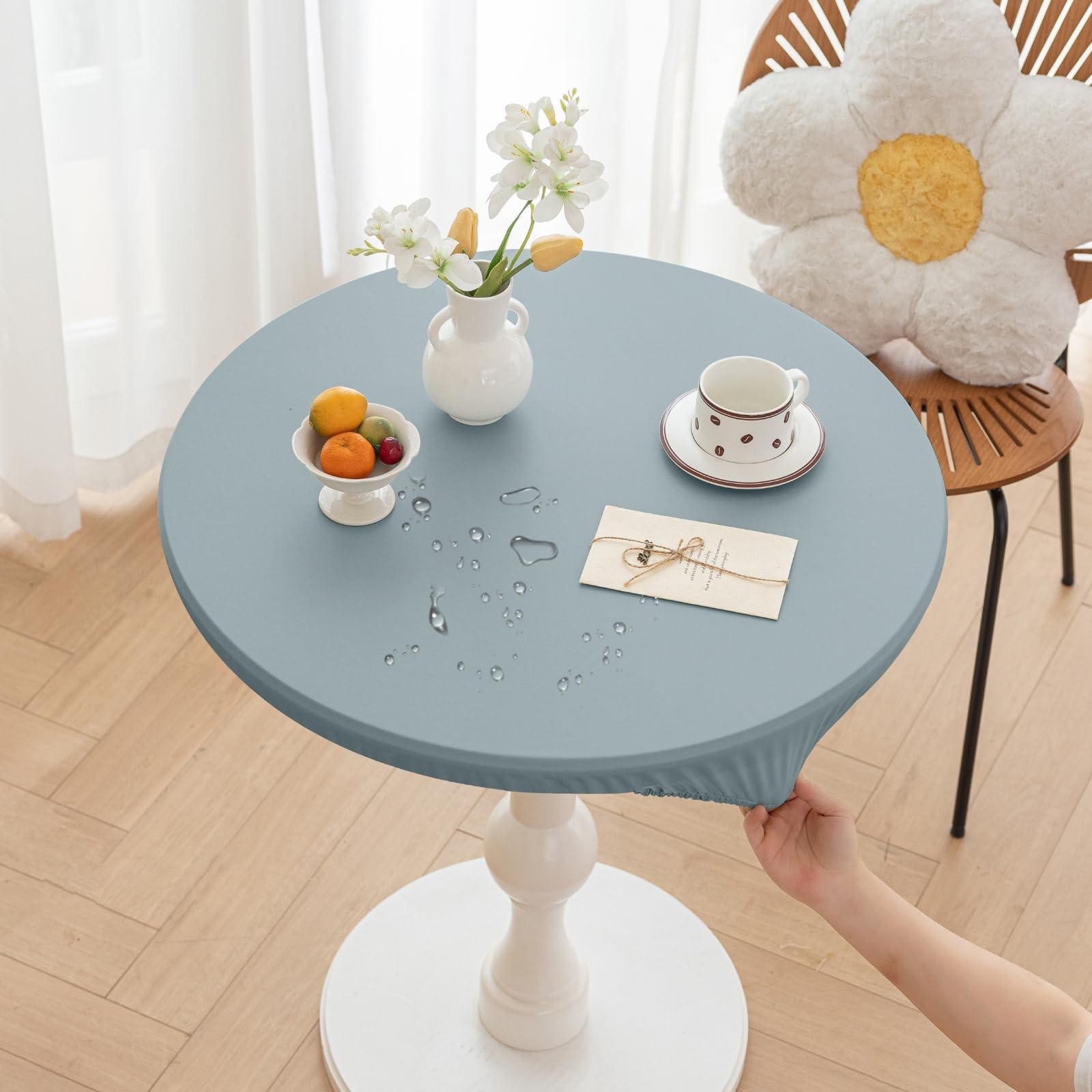 Huierxun Round Fitted PU Tablecloth with High Elastic Edge 47 Inch Dia Waterproof Oil Proof Table Cloth Anti-Scald Stain-Resistant Wipeable Table Cover for Indoor Outdoor Picnic (Blue,47" Dia) — image 1