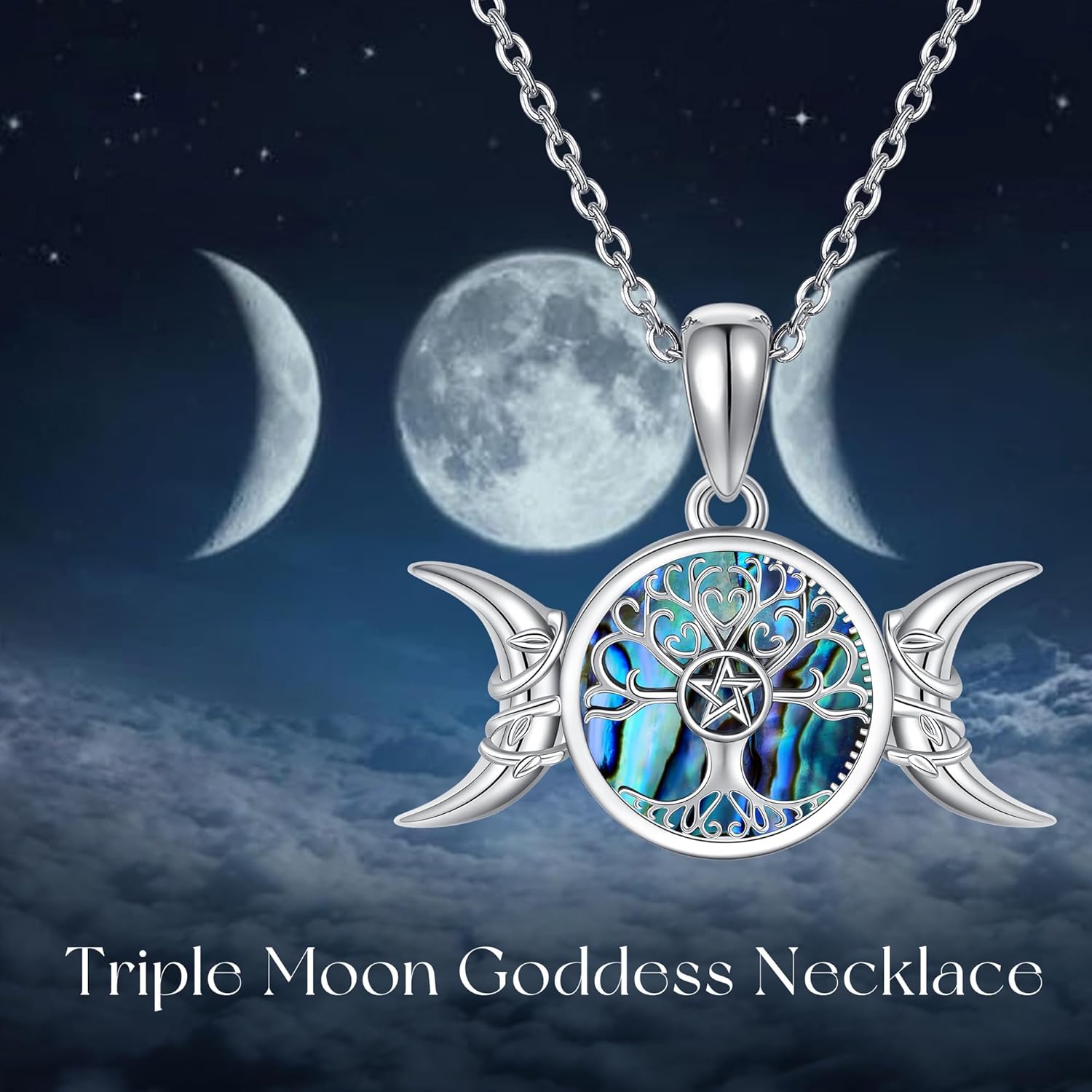 Triple Moon Goddess Necklace 925 Sterling Silver Pentagram Pentacle Pendant Tree of Life Jewelry for Women - Image 6