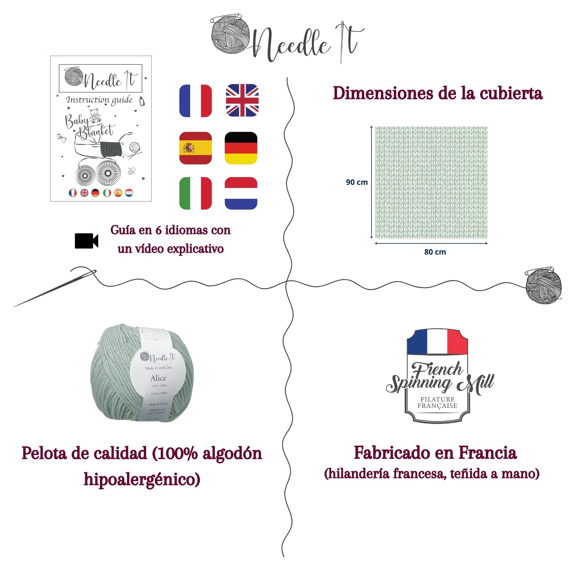 Manta de bebé DIY 100% algodón Kit de Tejido - Kit de costura para principiantes completo con agujas de tejer - Ideal para regalar