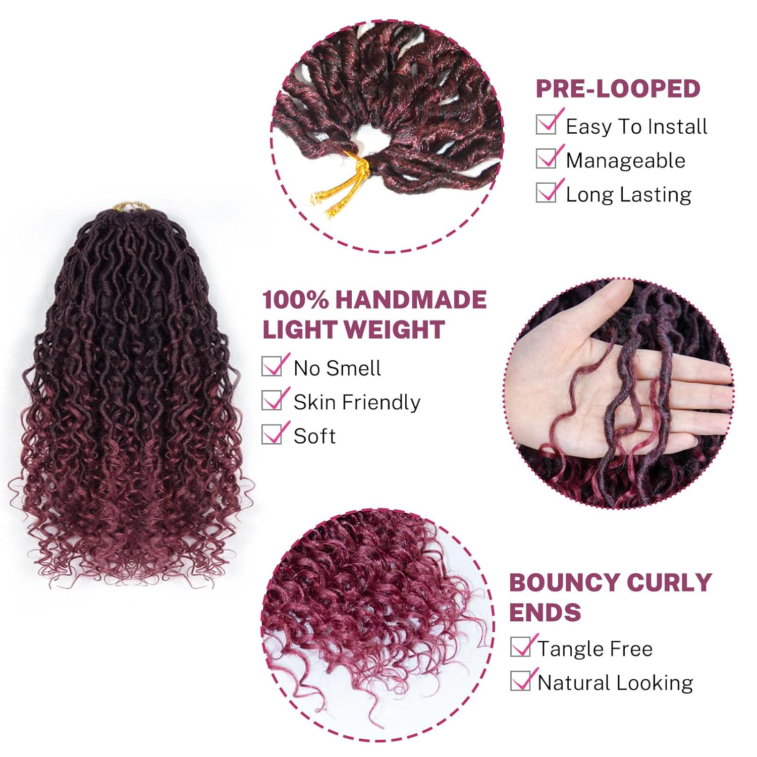 Goddess Locs Crochet Hair 14 inch Ombre Burgundy Goddess Faux Locs Crochet Hair for women Boho Faux Locs Pre-looped Curly Faux locs Crochet Hair Tbug#