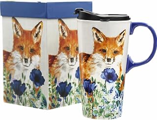 Travel Coffee Ceramic Mug Porcelain Latte Tea Cup With Lid in Gift Box 17oz. Cute Fox