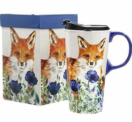 Travel Coffee Ceramic Mug Porcelain Latte Tea Cup With Lid in Gift Box 17oz. Cute Fox