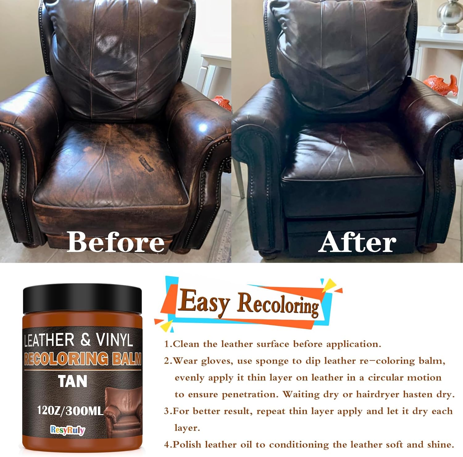 Saddle Tan Leather Dye Light Brown Recoloring Balm Repair Kit Vinyl Car Seat Interior Paint Furniture Couch Recliner Chair Boot Jacket Shoe Bag Purse Color Restorer Fading Scratch Stain Remover - Image 4