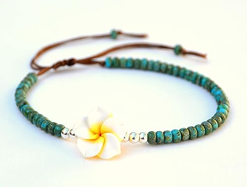 Miniatura 6 de Boho Beaded Anklet for Women and Teen Girls, Unique Bohemian Turquoise and Sterling Silver Beaded Anklet with Hawaii Hawaiian Plumeria Flower,