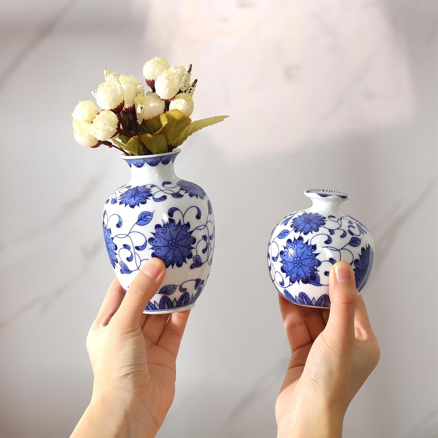 Dandat 6 Pcs Blue and White Porcelain Vase Sets Mini Chinoiserie Vase Classic Ceramic Chinese Floral Jardiniere for Christmas Centerpieces Bookshelf Living Room Decor Table Centerpieces