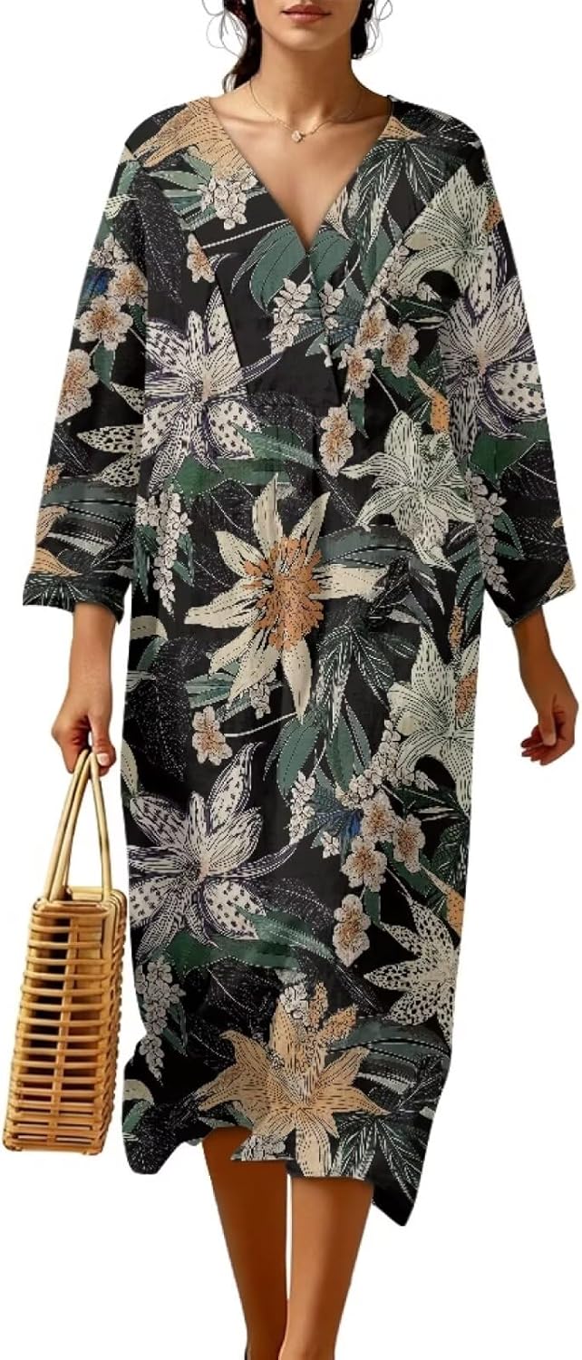 Women's Linen Style Dresses V Neck Maxi Dresses 3/4 Sleeve Dress Spring Summer Sundress