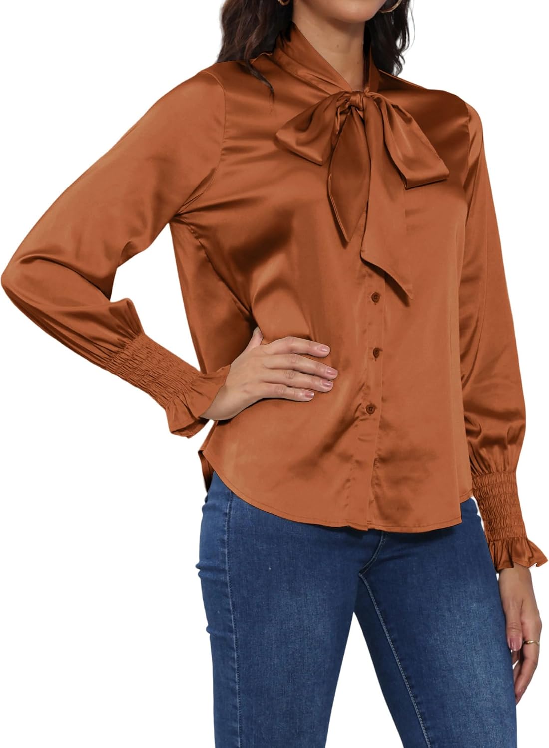 Satin Blouses for Women Dressy Smocked Long Sleeve Bow Tie Neck Shirts Casual Work Tops - Image 3