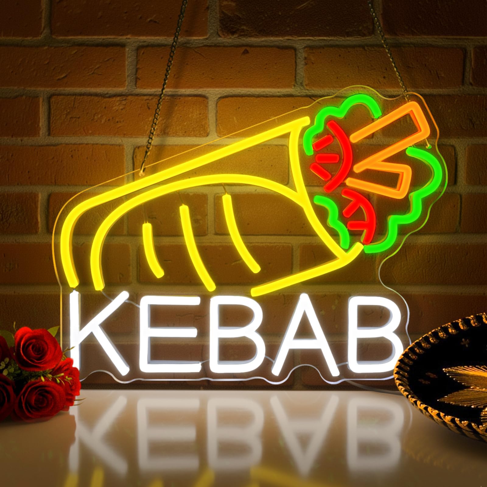 KEBAB" Insegna al neon per decorazione da parete, alimentata tramite USB, LED con interruttore dimmerabile, per bancarelle alimentari di Kebab Döner
