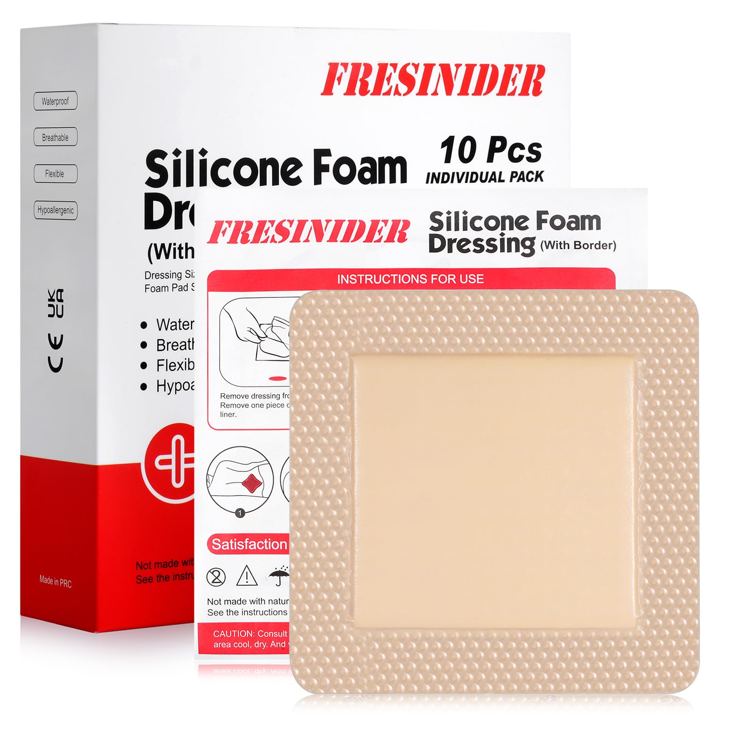 FRESINIDER Silicone Foam Dressing with Adhesive Border – Wound Dressing Bandage – Silicone Foam Pad – Pack of 10 – 5 x 5 Inches Large Waterproof