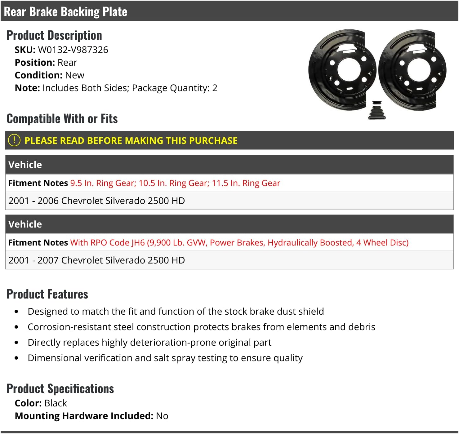 Marketplace Auto Parts Rear Brake Backing Plate Set of 2 - Compatible with 2001-2007 Chevy Silverado 2500 HD