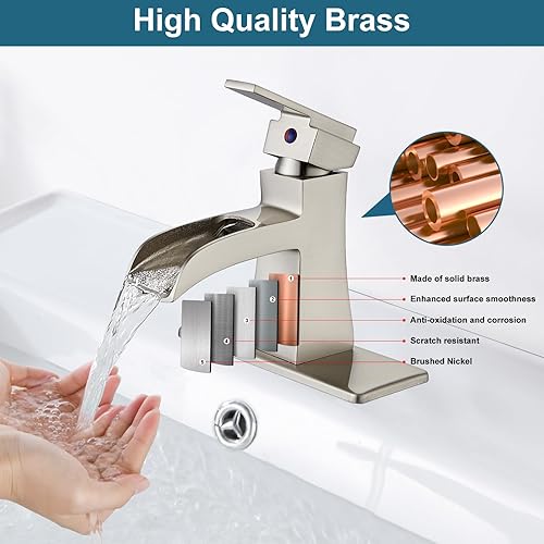 Miniatura 5 de Midanya Grifos de baño en cascada para fregadero de 1 agujero o 3 agujeros, níquel cepillado de una sola manija, grifo de baño negro, grifo de baño