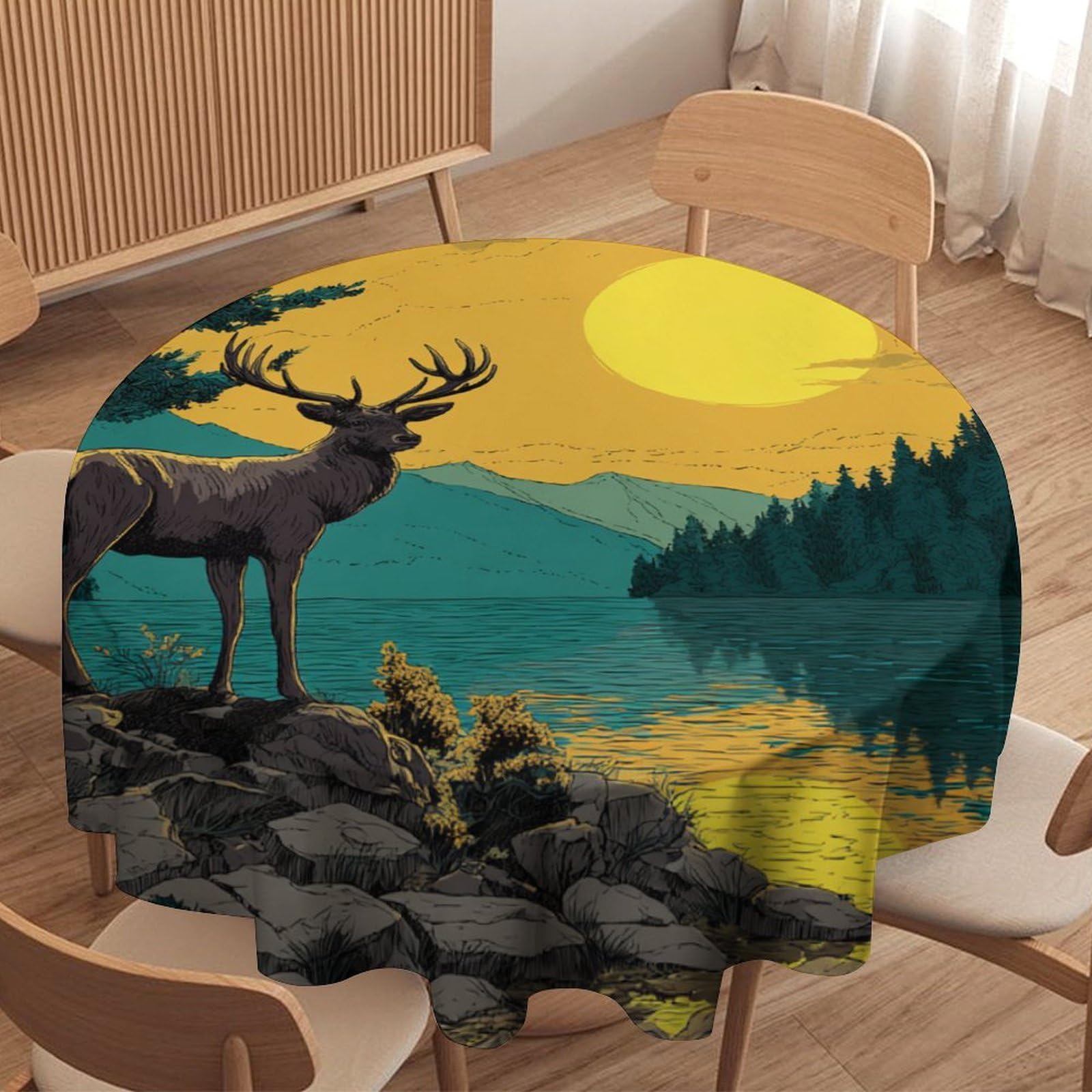 LUYYSKY Western Realistic Animal Deer Waterproof Round Tablecloth Classic Oil Painting Sunset Mountain Hunting Theme Wildlife Elk Washable Table Cover for Kitchen-127 Wx127 L cm