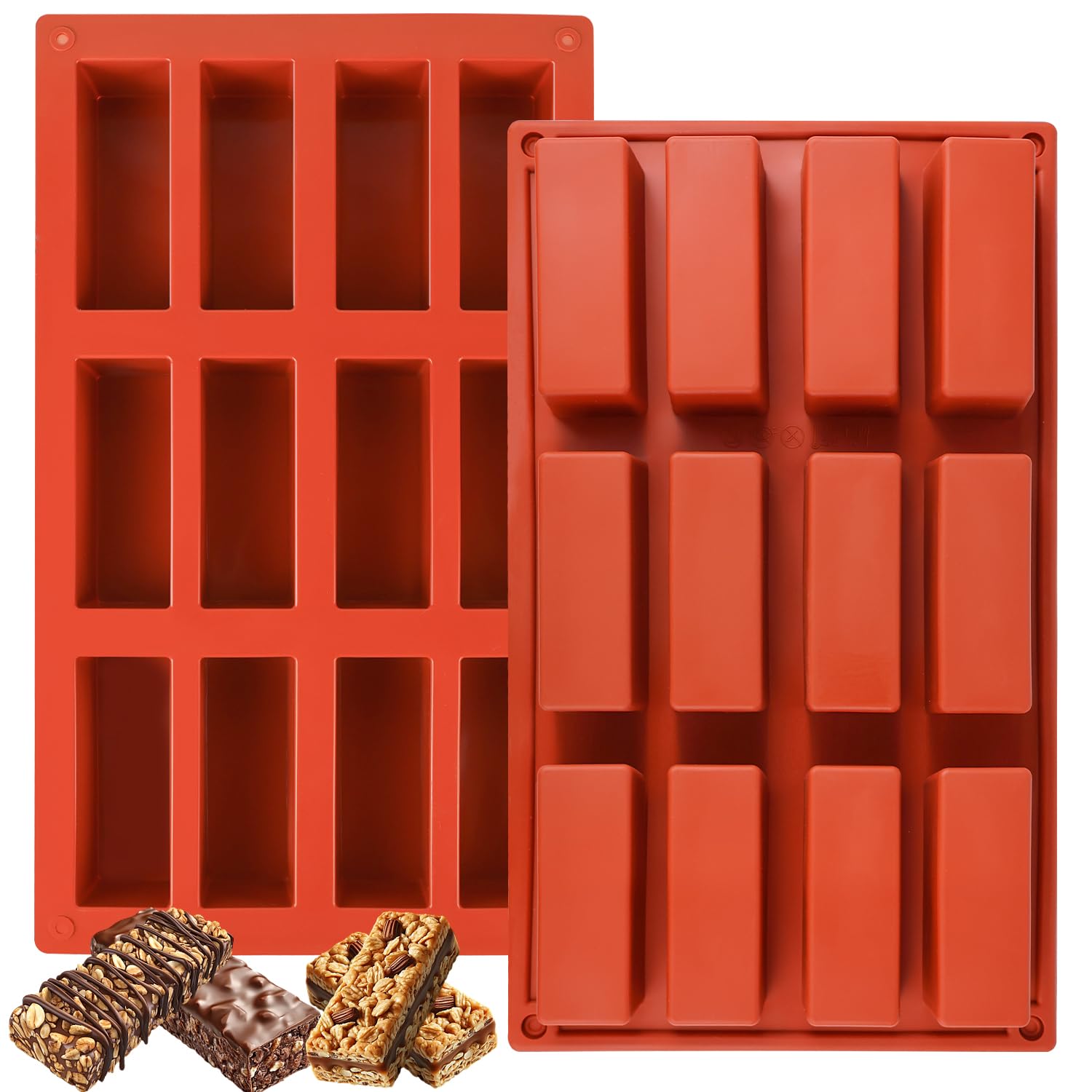 2PCS Granola Bar Molds, 12 Cavity Rectangle Energy Bar Mold Silicone Deep Mold for Baking Chocolate Energy Bars, Protein, Nutrition, Cereal Bars, Cheesecake