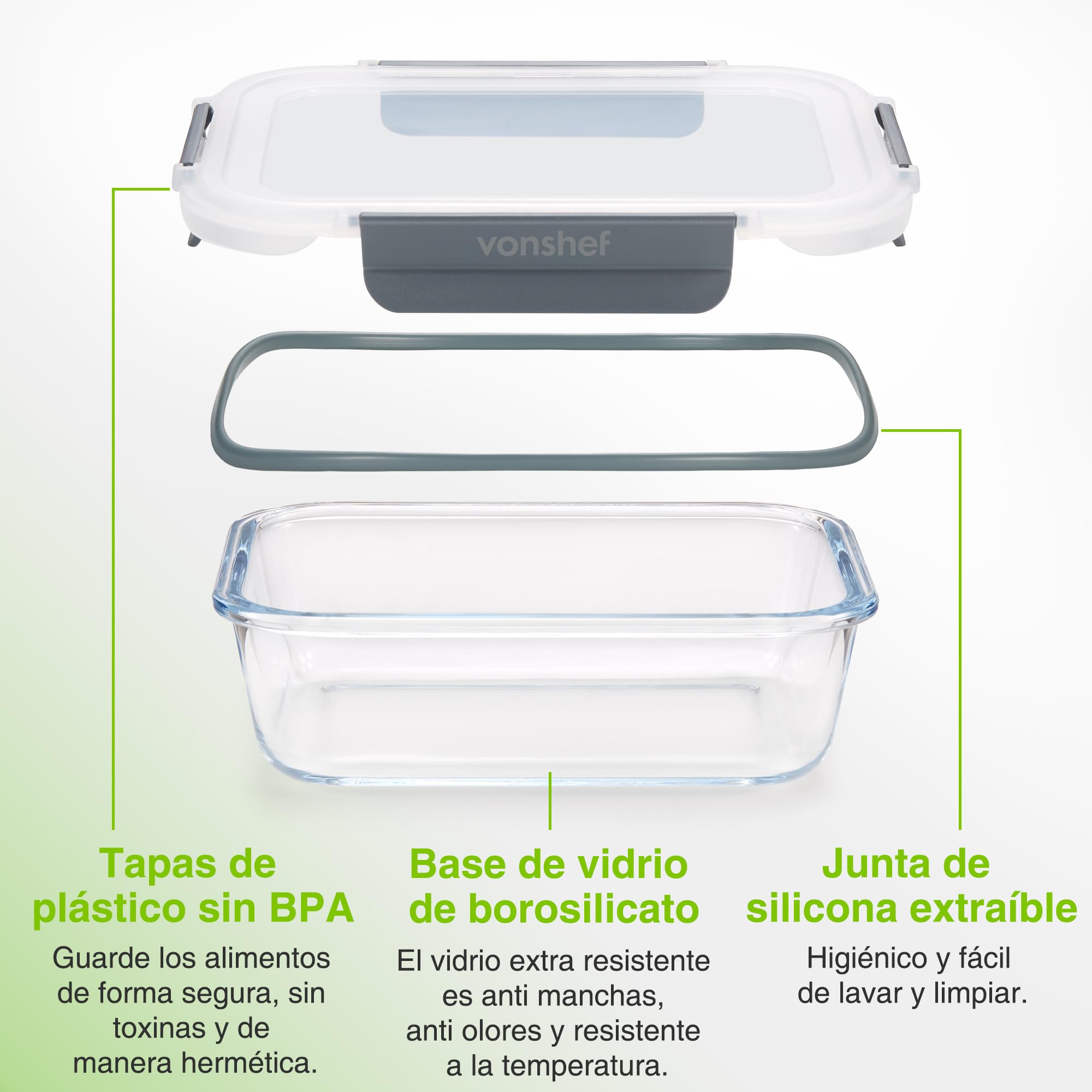 VonShef Contenedores de vidrio tapas – set de 10 cajas para meal prep de 1 L y 370 ml, aptos para horno y lavavajillas, cierre hermético a prueba de fugas, ideal para batch cooking