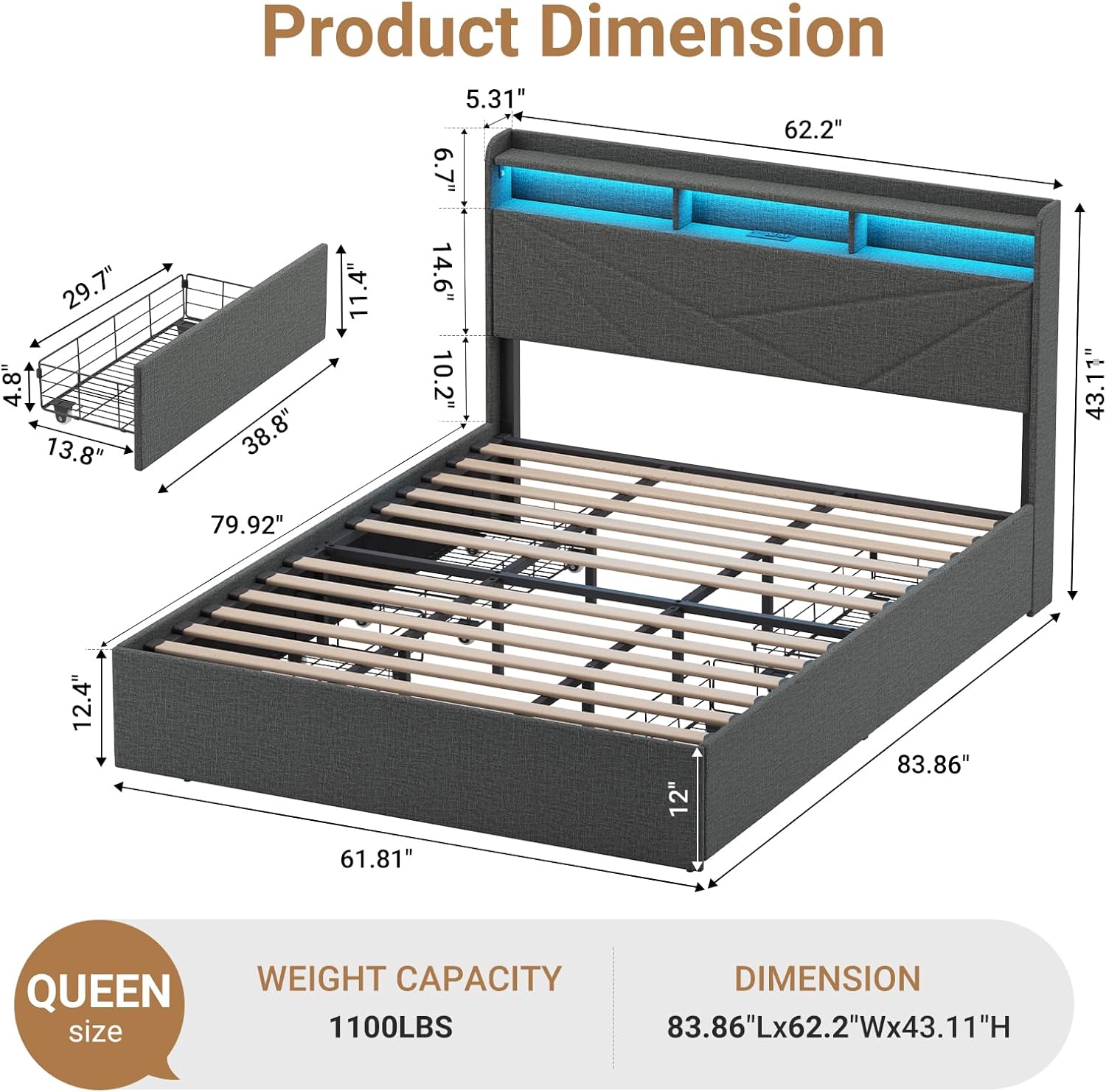 MALOL Bed Frame, Queen Bed Frame with Headboard & Storage Shelf, Metal Platform Bed Frame with 4 Storage Drawers, Built-in Charging Station, Led Light, Wood Bed Frame, No Box Spring Needed, Grey