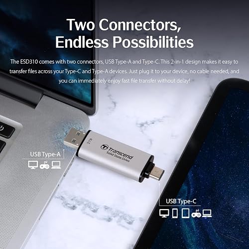 Transcend 2TB ESD310 Dual Portable SSD 1050MB/s USB-A+C, Thumb Drive - 2