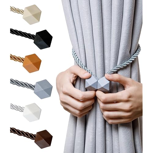 NazTur Magnetic Curtain Tiebacks- Upgrade 2022 with a Thicker Twist Rope & Strong Magnet Tieback Window Treatment Holdbacks Draperies Holders Decorative Drape Handmade Tie Back (Grey, 4)