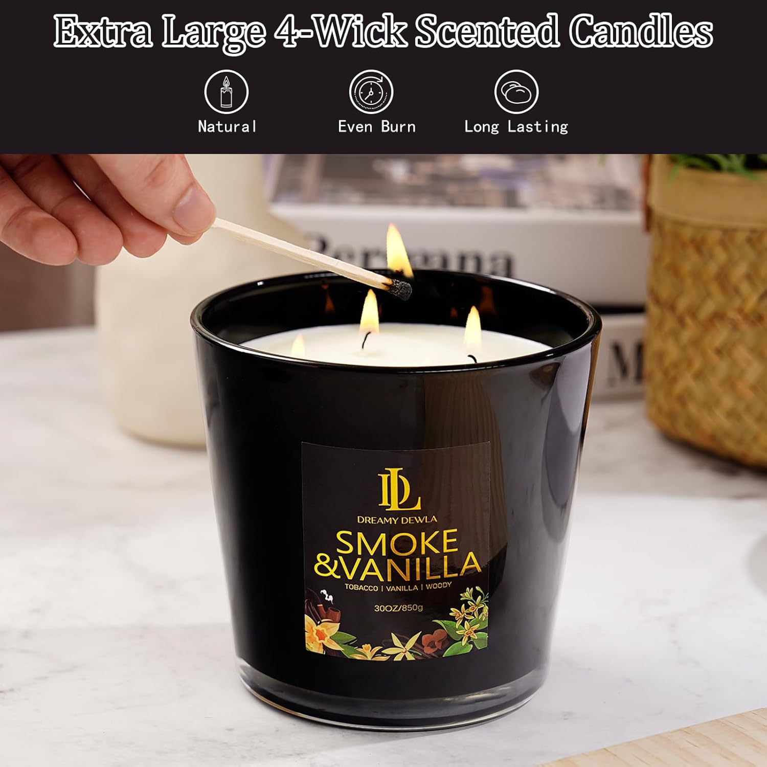 Smoke & Vanilla Scented Candle, Large 30oz Natural Soy Candles, 4-Wick 80 Hour Burn Time, Home Fragrance Candles Housewarming Gift for Women Men - Image 4