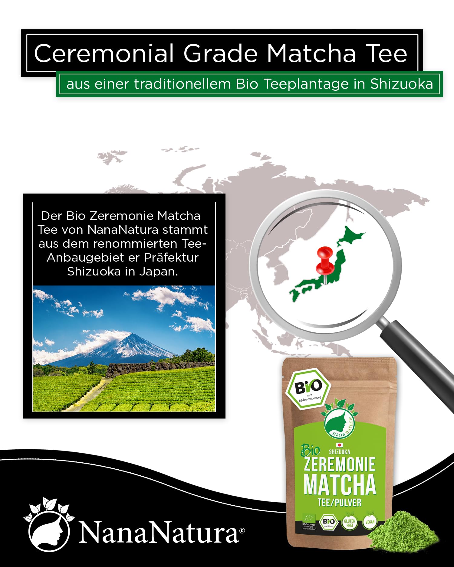 Bio Zeremonie Matcha Tee Pulver aus SHIZUOKA Japan 100g | Ceremonial Grade 1. Ernte | handgepflückt & per Granitsteinmühle zu Grüntee-Pulver vermahlen | für die Teezeremonie