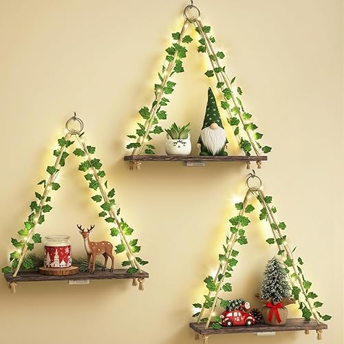 Fixwal Artificial Ivy LED-Strip Floating Shelves Set of 3, Macrame