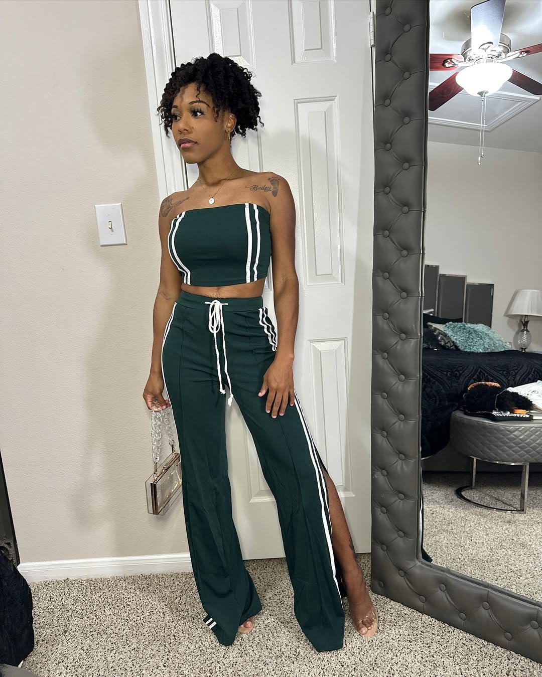 Women's 2 Piece Summer Outfits Strapless Striped Crop Top & High Waist Wide Leg Pants Set Casual Outfit - Image 6