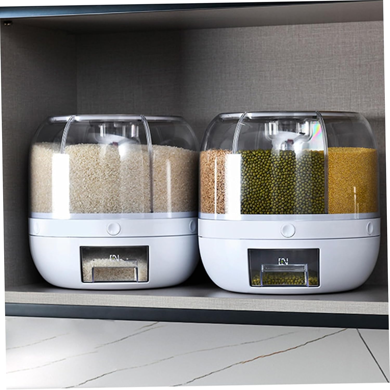 Rice Dispenser Large Capacity Grain Storage Container 6 Grids 360° Rotatable Cereal Dispenser with Lid for Beans Cereal White.