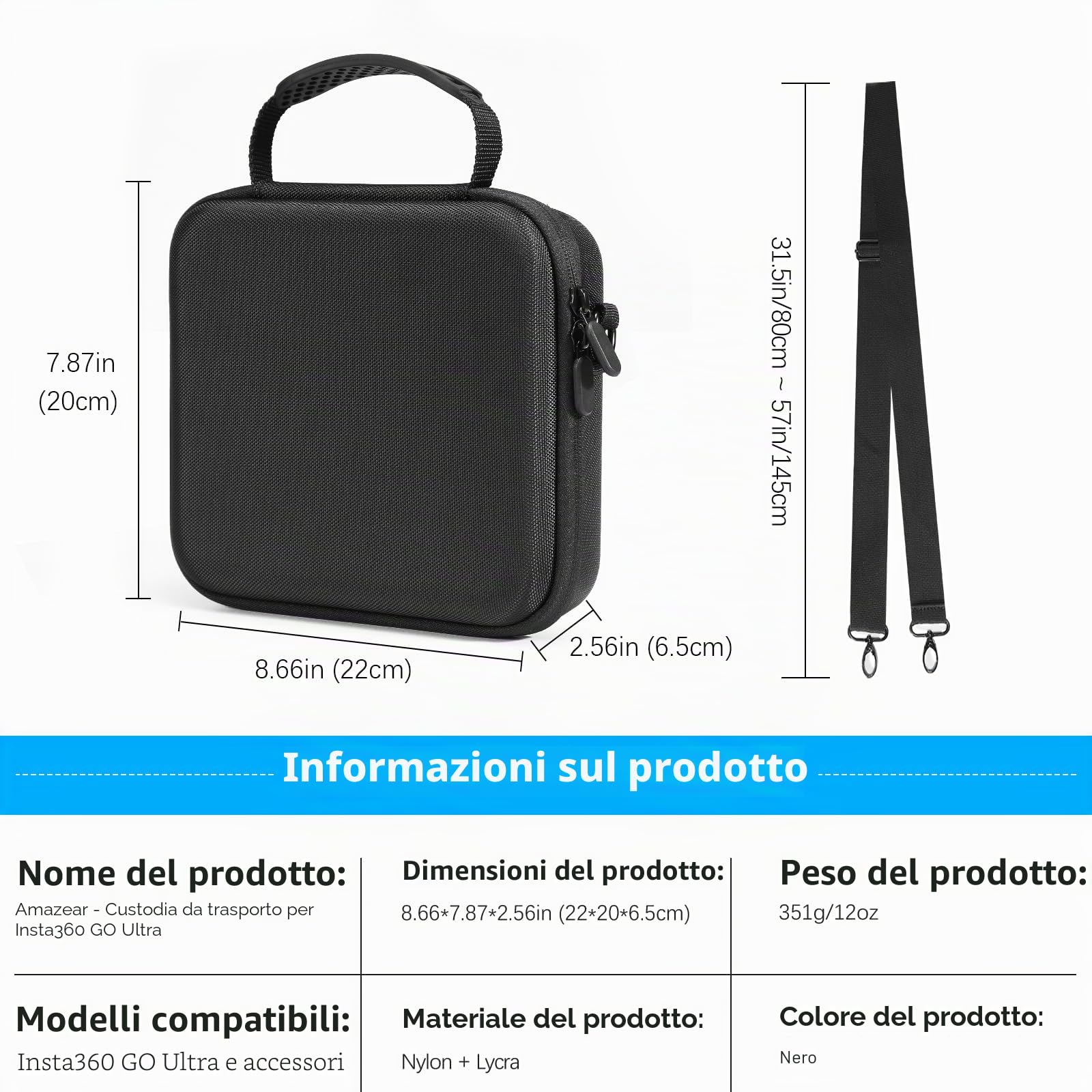 AMAZEAR Custodia da Trasporto per Accessori Insta360 GO Ultra - Borsa da Viaggio Impermeabile con Tracolla, Guscio Rigido per Protezione e Organizzazione, Nero