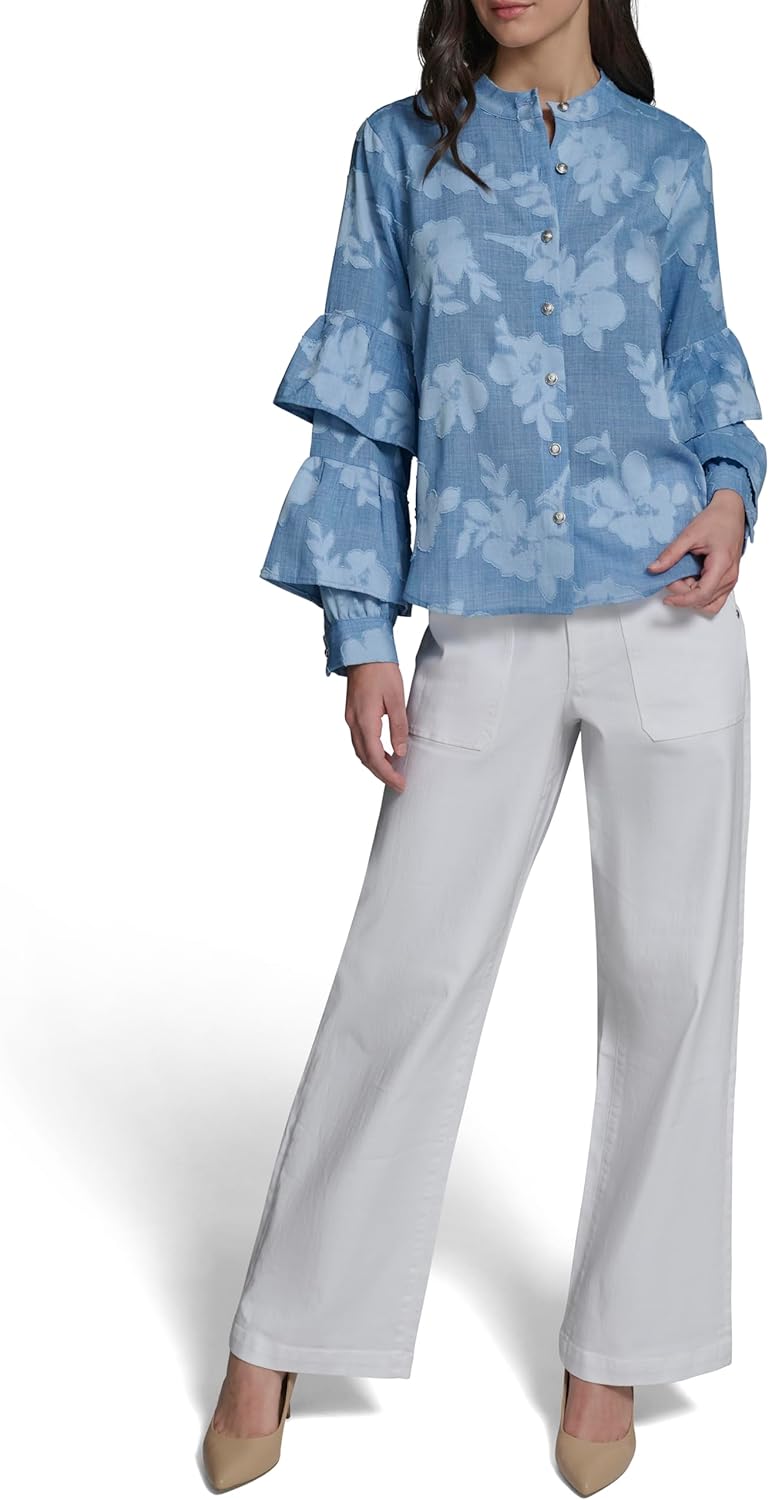 Karl Lagerfeld Women's Long Sleeve V-Neck Floral Denim Blouse