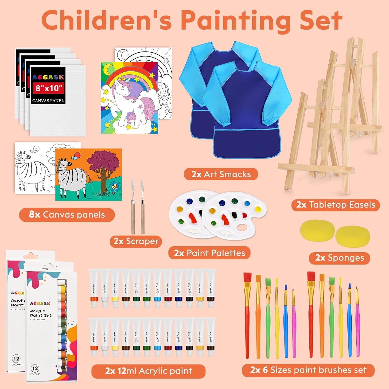 54 Pieces Acrylic Paint Set for Kids,Arts and Crafts Gifts ,Arts Supplies and Painting Kits for Kids with 8 Canvas Panels,2X 12 Paints,2 Art Smocks,2 Easels,Etc,Christmas Gifts