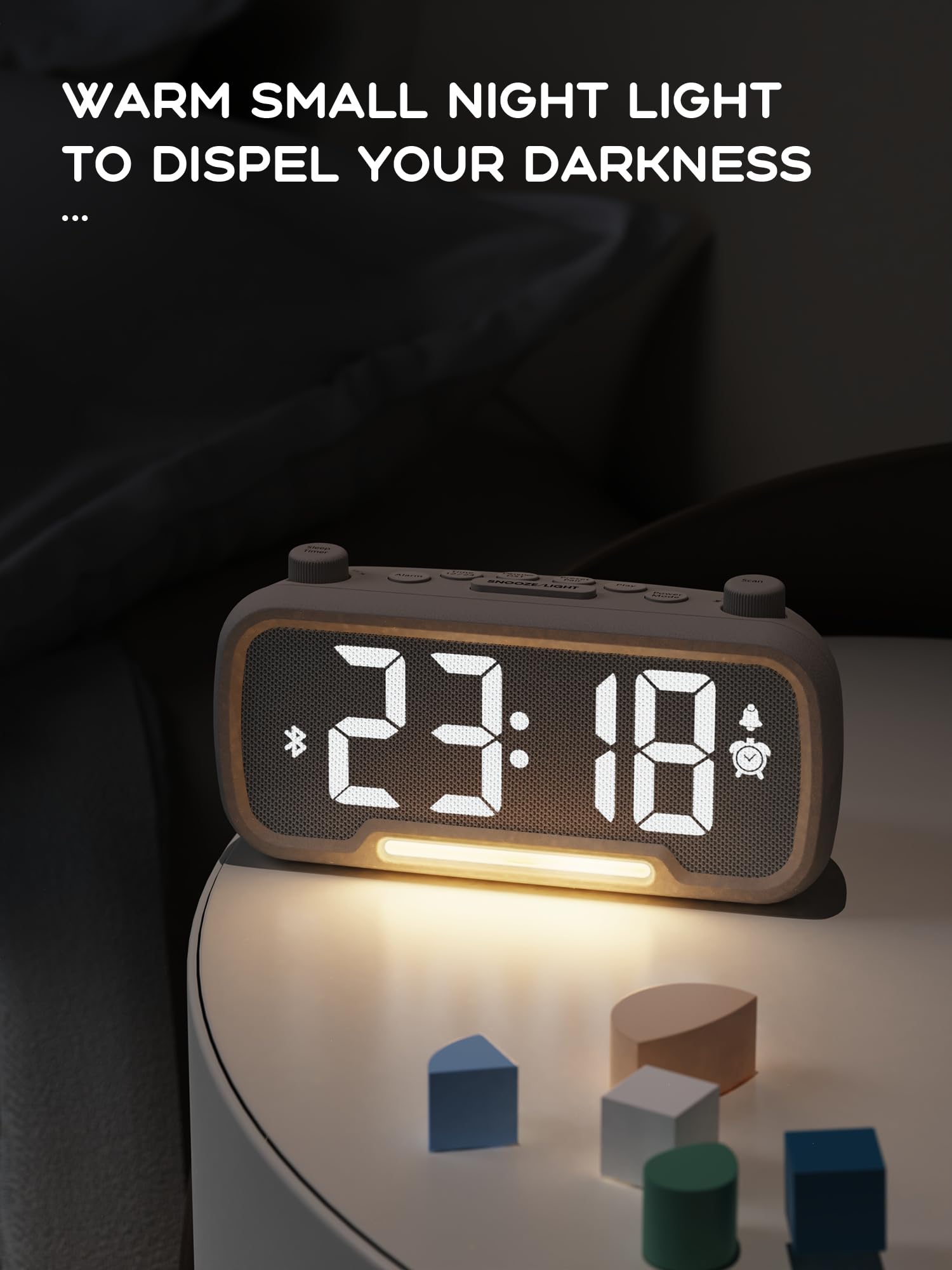 ROCAM Radiosveglia digitale camera da letto con luce notturna calda e Bluetooth, sveglia digitale con luminosità regolabile, snooze, radio FM, sleep timer, porta di ricarica USB A e tipo C
