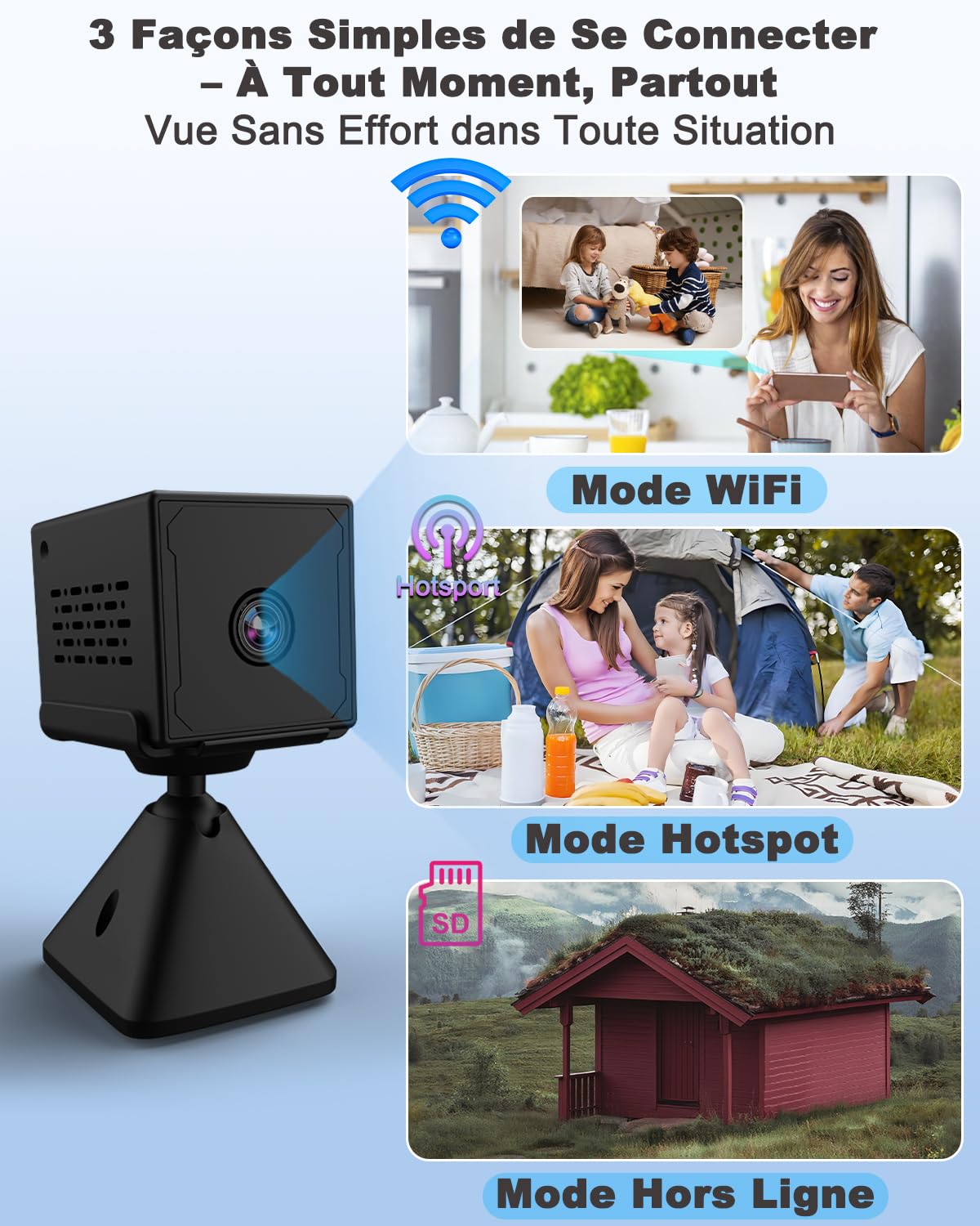 Camera Espion, 4K FHD Mini Camera Espion sans Fil avec Carte Mémoire de 64 Go, WiFI/Sans WiFI Camera de Surveillance Interieur/Extérieur, 2000mAh Batterie, Vision Nocturne, Détection Mouvement(Noir)