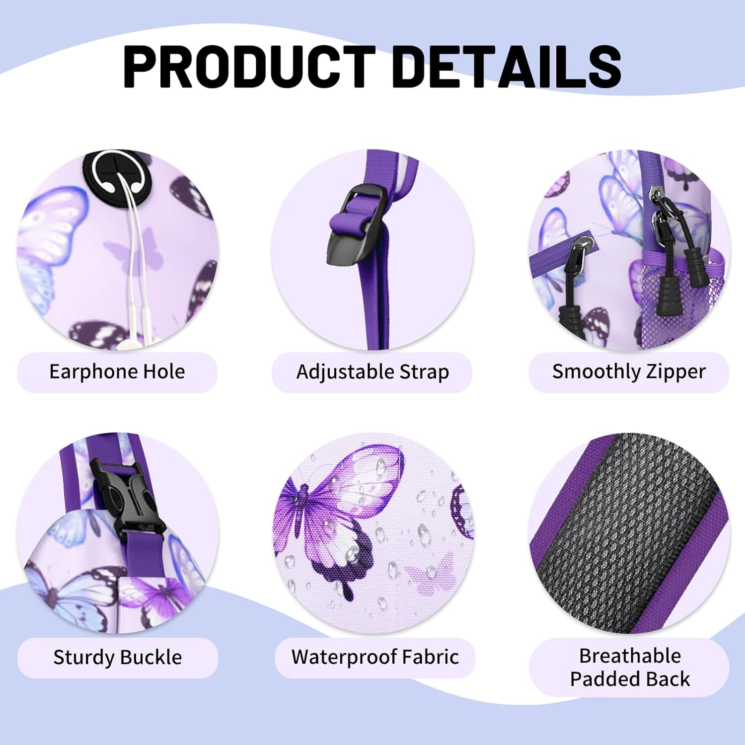 Purple Butterfly Sling Bag Crossbody Chest Bag for Women Men, Water Resistant Lightweight Casual Crossbody Bag with Adjustable Strap, Travel Hiking Daypack Shoulder Backpack - Image 4