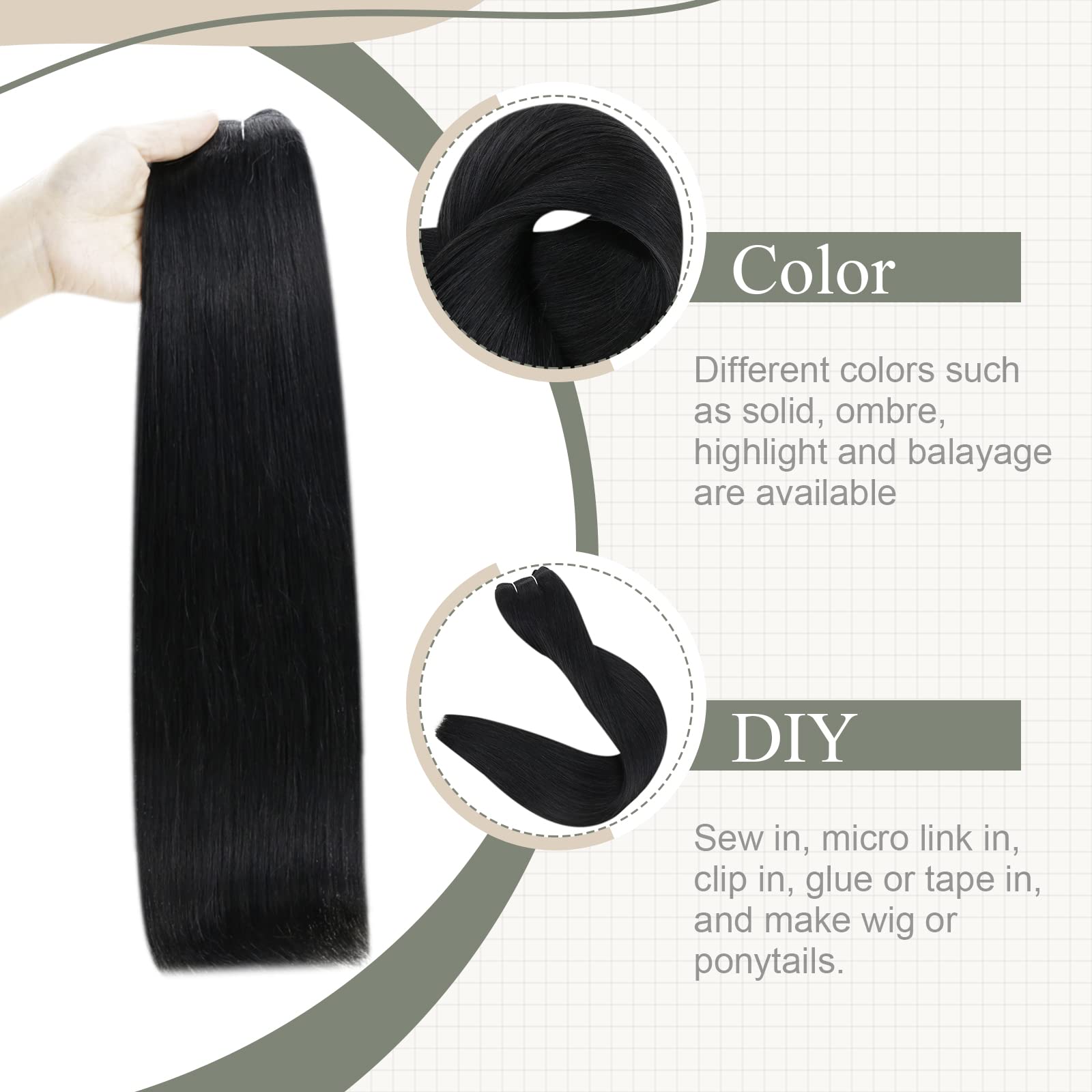 Fshine Matassa Extension Capelli Veri Jet Neri Extension Capelli Veri Originale Cucite 40CM 100g Extension Naturali Umani Lisci Bundles Human Hair Weft Extensions #1