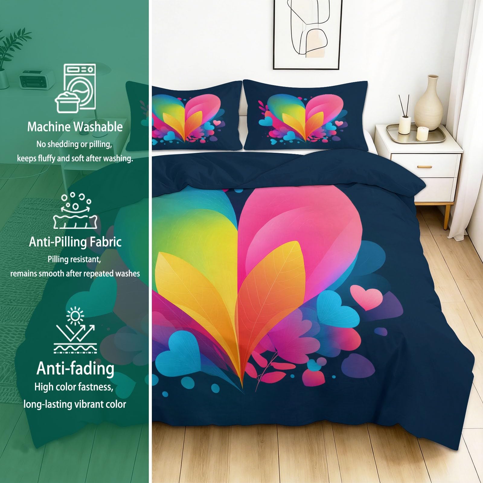 200 x 200 cm Poszwa na kołdrę Poliester Bawełna, Romans Gradient Love Zestaw Pościeli, Wzór 3D, Prezent dla dorosłych dla dzieci z 1 poszewką na kołdrę 2 poszewkami na poduszki, Granatowy