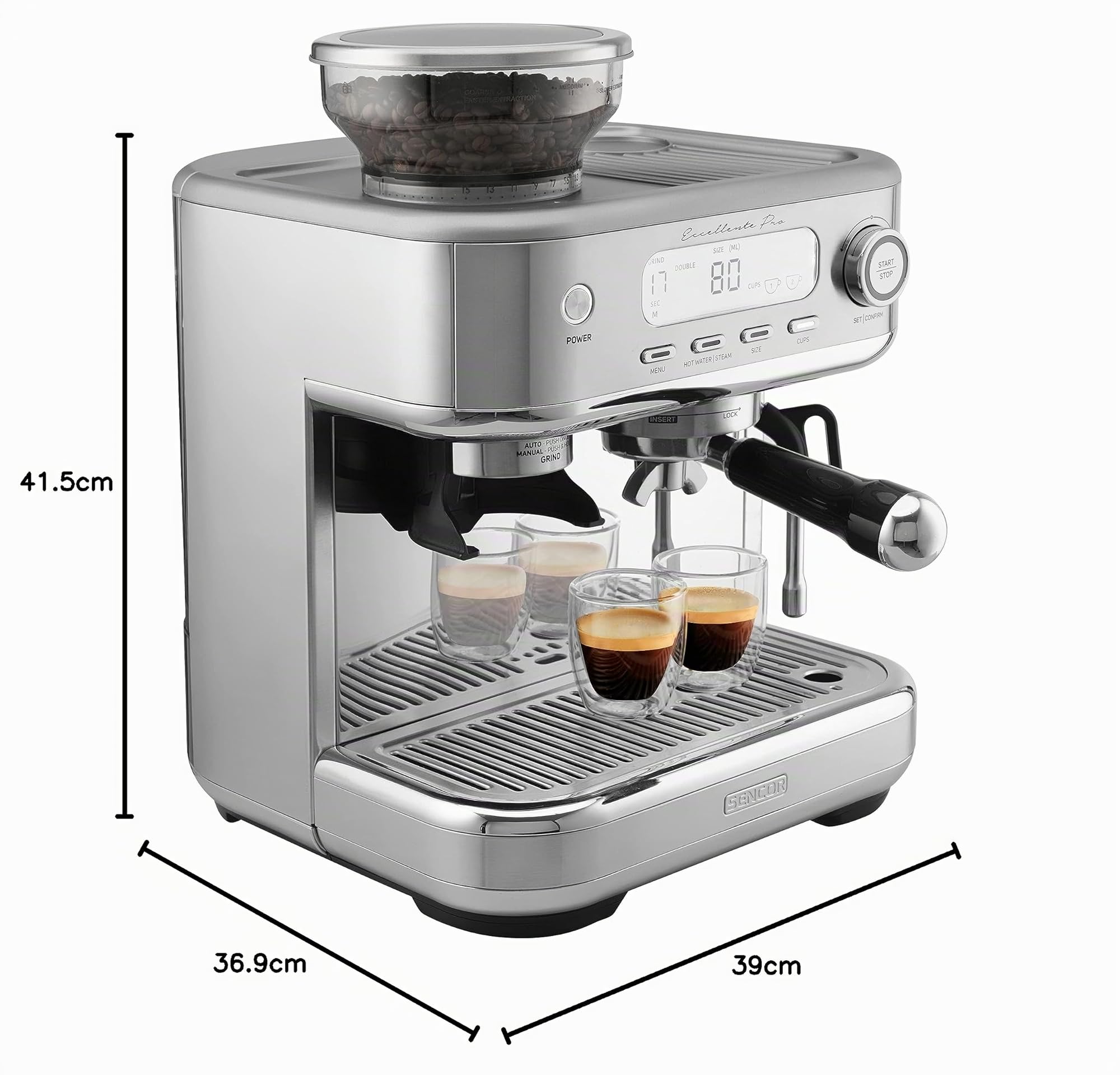 Macchina per caffè Espresso Sencor, schiumatore latte, macinacaffè a grani, display LCD, Caffettiera Espresso, Cappuccino, Barista Express, Excellence plus, serbatoio acqua e caffè di grande capacità.