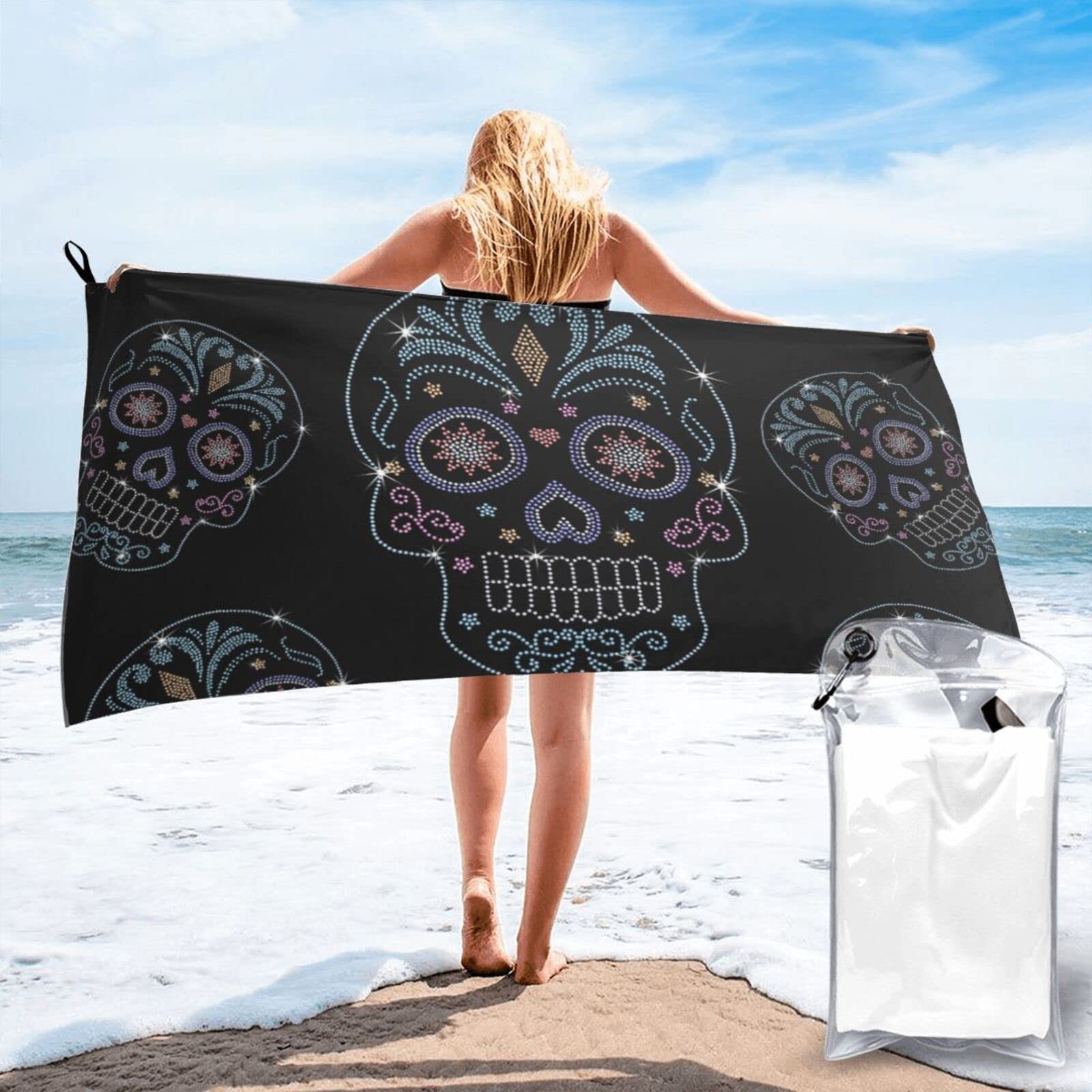 Lawenp Rhinestone Studs Sugar Skull Microfiber Beach Towel Adults Large Quick Drying Bath Towel Travel Towels with Pouch 31.5"x63"