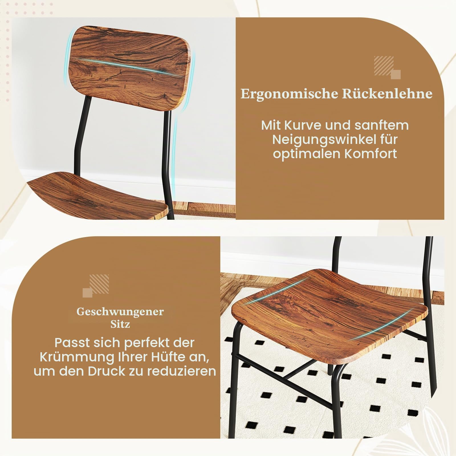 GIANTEX Esstisch mit 2 Stühlen, Essgruppe für 2 Personen, 70 x 70 cm Küchentisch Esszimmertisch mit Ablageregal, Esszimmergruppe mit Metallrahmen, Küchenbar Sitzgruppe (Industriebraun)