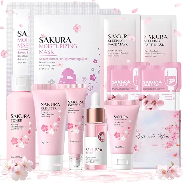 Kit Skincare Viso Completo Sakura: Set Cura Pelle 11 Pezzi con Collagene