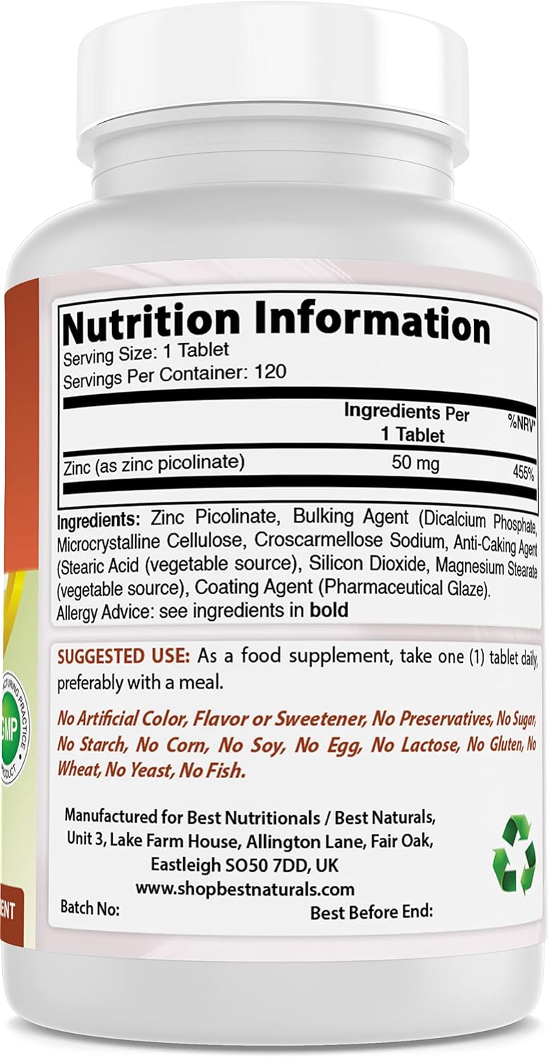 Best Naturals Zinc 50mg Supplements (as Zinc Picolinate) - Zinc Vitamins for Adults Immune Support - 120 Tablets (120 Count (Pack of 1))
