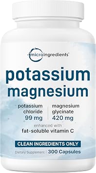 Pure Potassium Supplement with Magnesium Glycinate, 300 Capsules | Enhanced with Fat-Soluble Vitamin C | Chloride + Glycinate Mineral Electrolyte Complex | Only Active Ingredients | Filler Free