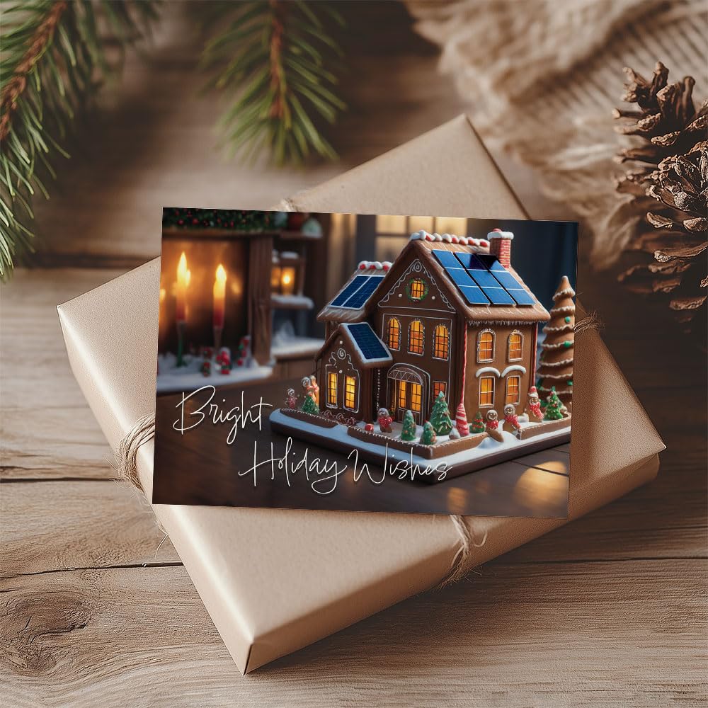 Solar Weihnachtsgrußkarten - 50er-Pack Großpackung Firmenfeiertagskarten für Solarenergieunternehmen, grüne und saubere Energieunternehmen, Lebkuchenhaus-Panel-Design