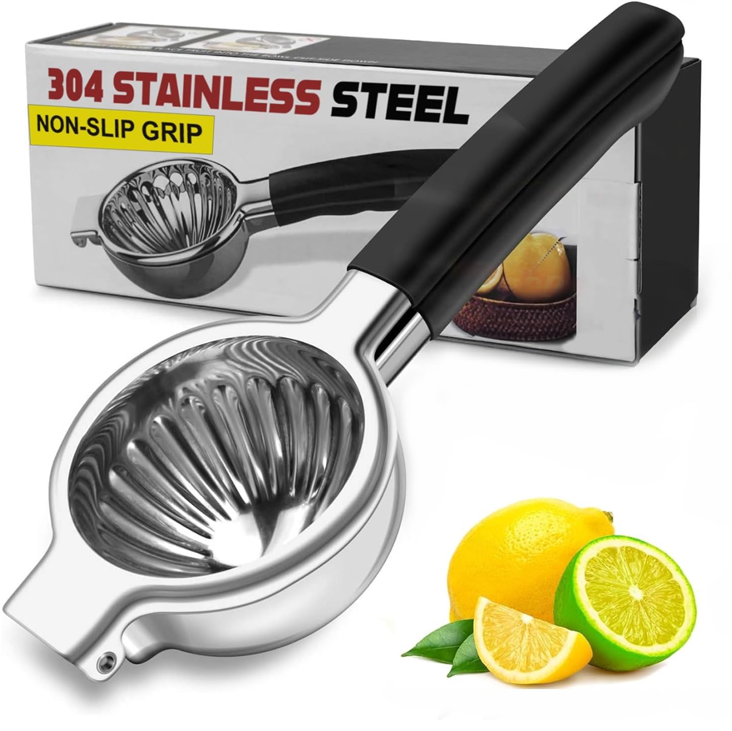 Lemon Squeezer Tuiswo Stainless Steel LARGE Manual Citrus Juicer, Durable Metal Juicing Bowl with Non-Slip Grip, Premium Quality (Silver/Black)