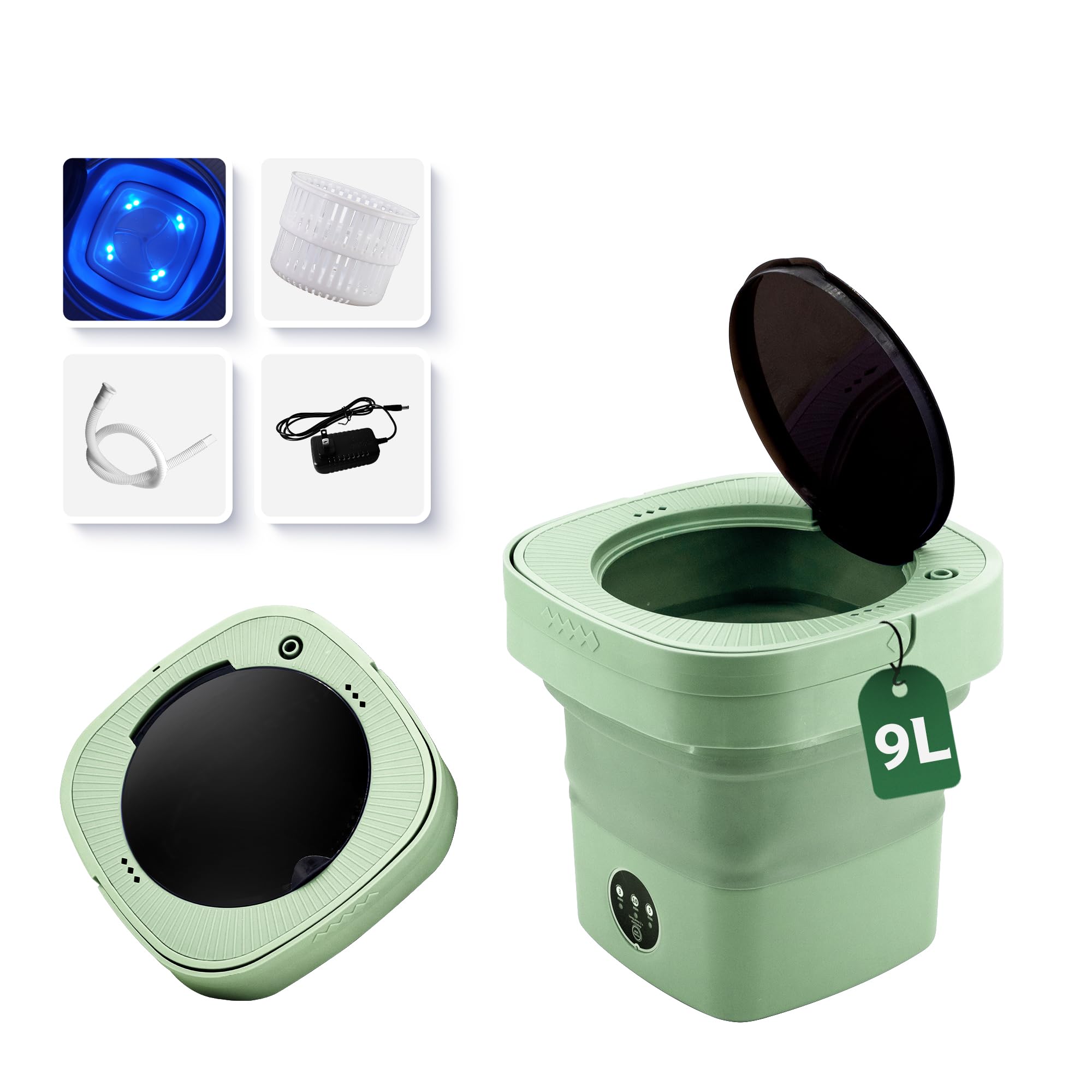 MQCOING 9L Portable Washing Machine with Blue Light Disinfection, Mini Washer Ideal for Apartment Dorms RV Travel Camping,Green