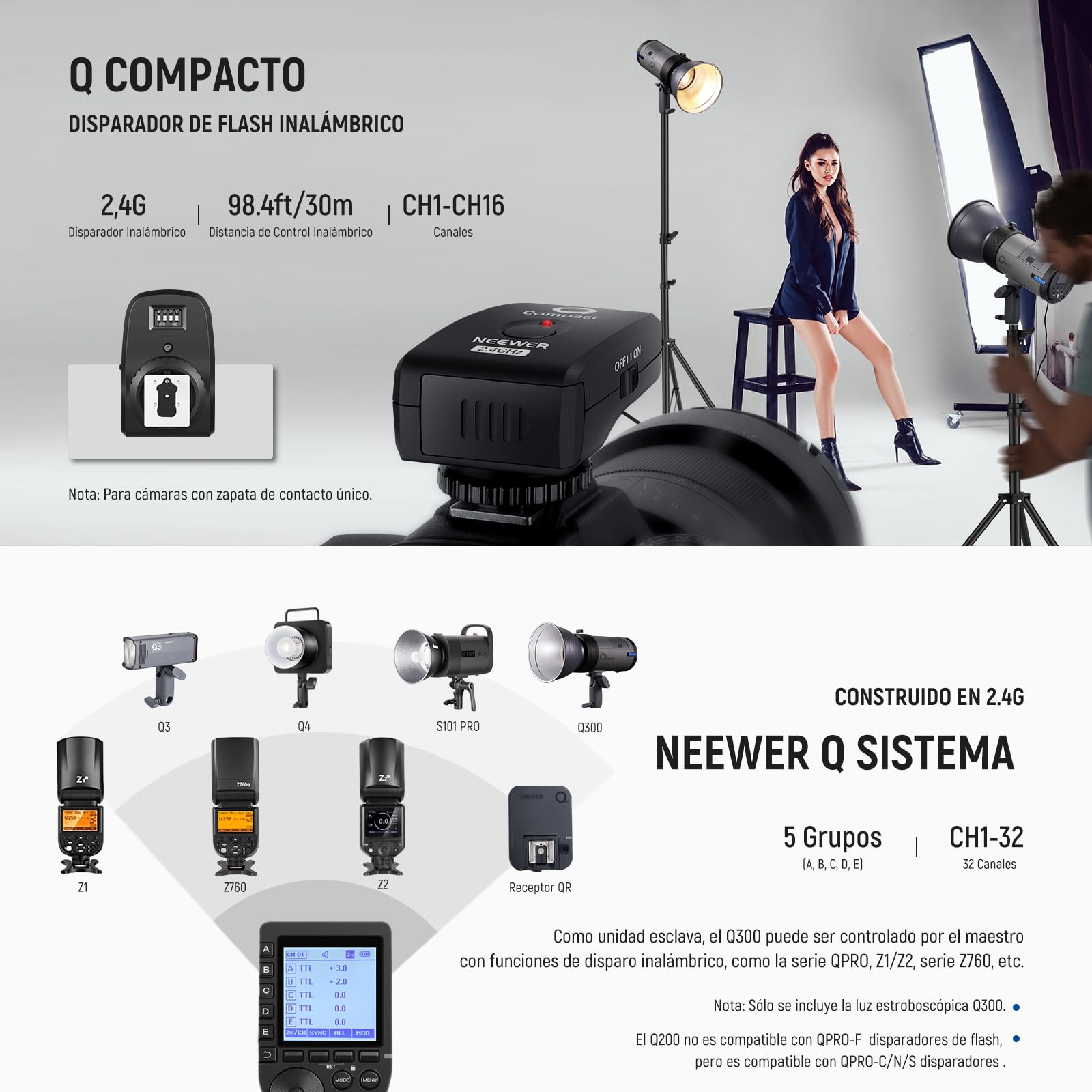 NEEWER Q300 300W 2,4GHz Flash Estudio Exteriores con Disparador Inalámbrico Q Compact, 7800mAh Batería Iones Litio Strobe Luz Estudio Luz Fotografía Monoluz Inalámbrico 1000 Potencia, Paño Limpieza