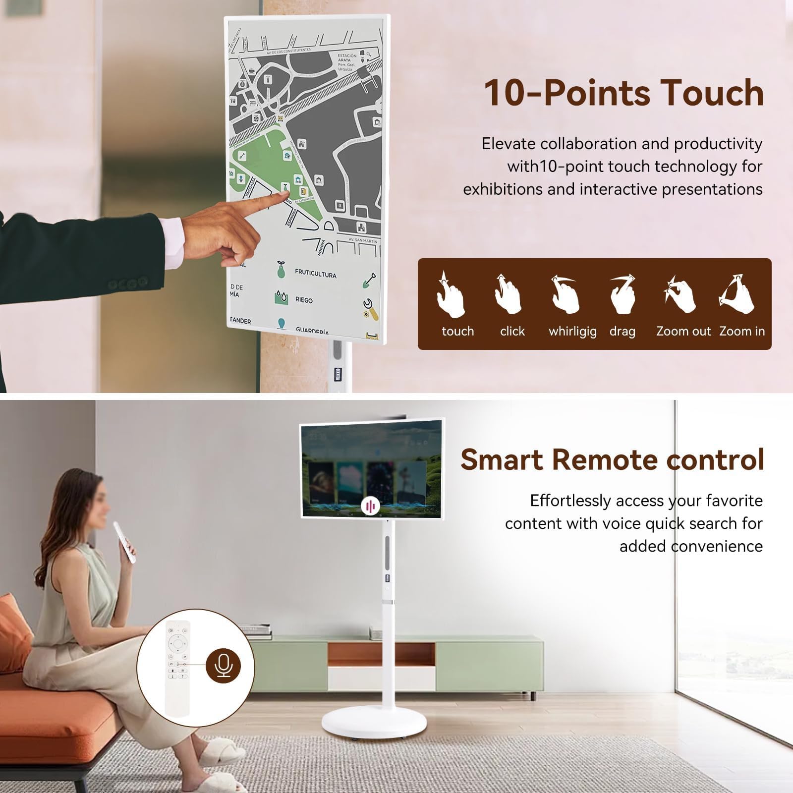 Smart TV TáCtil para Juegos 32", TV PortáTil con Ruedas Y Pantalla TáCtil Giratoria, Almacenamiento 8 GB + 128 GB Operativo Android 13, TV MóVil con RotacióN Completa para Hogar