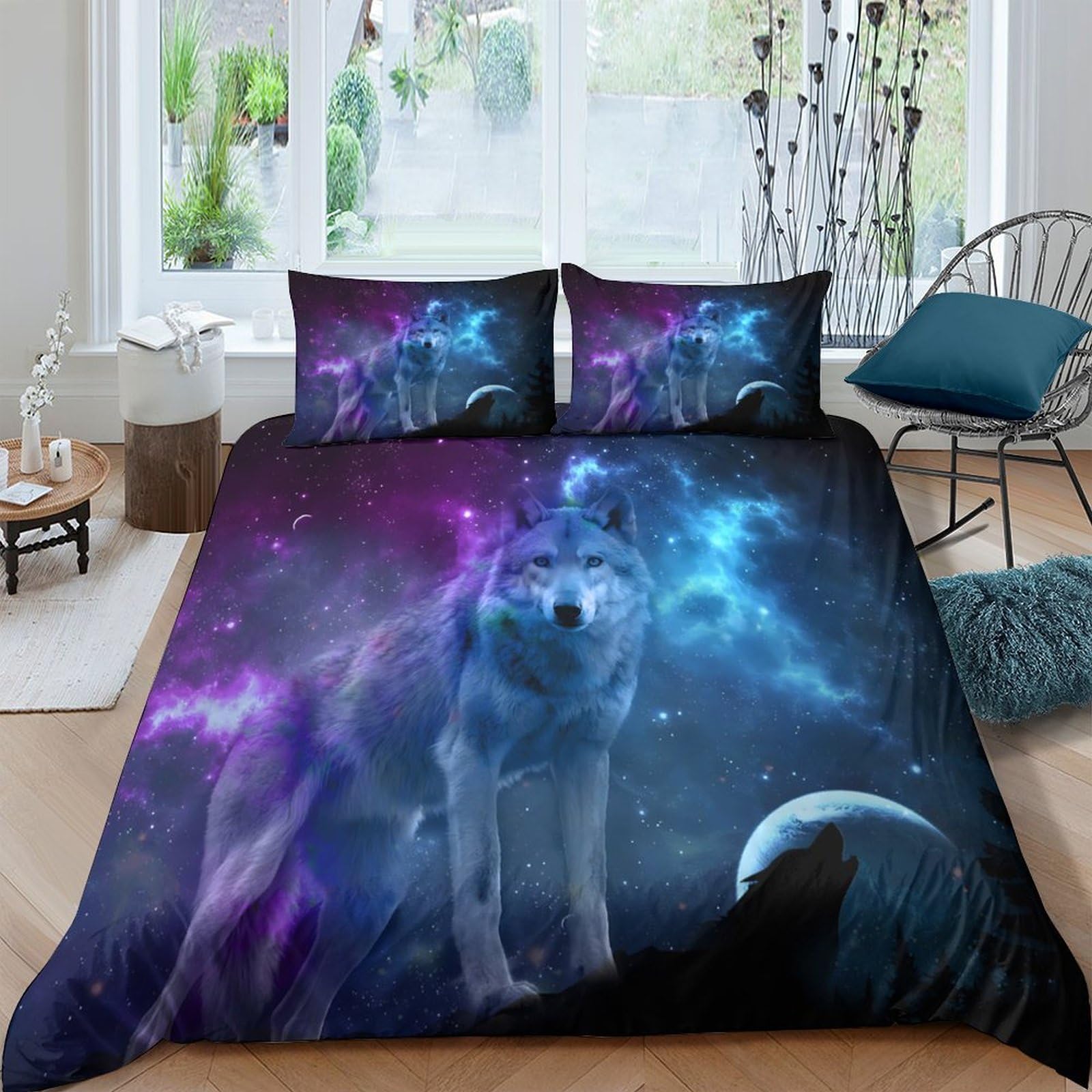GPLZQXKJNH 3D Printed Galaxy Wolf Duvet Cover Set Microfiber Soft Breathable Cosmic Nebula Bedding for Bedroom Decor, 1 Quilt Cover + 2 Pillowcases Single（135x200cm）