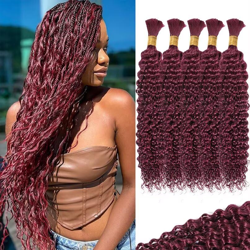 12A 99J Burgundy Red Human Braiding Hair for Boho Braids 5 Bundles 16 Inch 160g Deep Wave Braiding Hair for Bohemian Knotless Braids 100% Unprocessed Brazilian Virgin Bulk Hair Extensions No Weft
