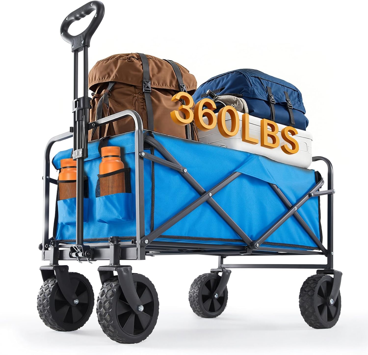 sweetcrispy foldable wagon cart, collapsible large capacity garden cart with wheels, heavy duty utility grocery wagon with drink holders for shopping sports camping blue new 120l