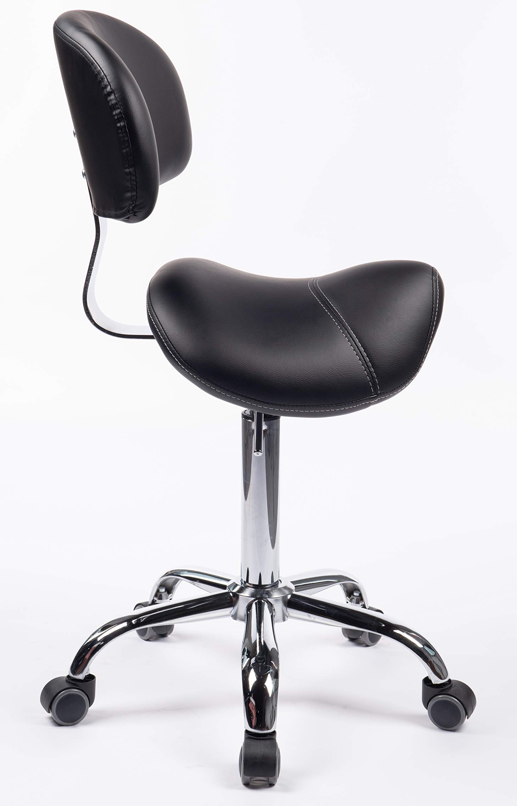 Sattelhocker MULY BIGBACK Sattelstuhl mit Lehne - Sitzhöhe bis ca. 74cm - ergonomischer Rollhocker Arzthocker Arbeitshocker Praxishocker Drehhocker (Lederimitat schwarz)