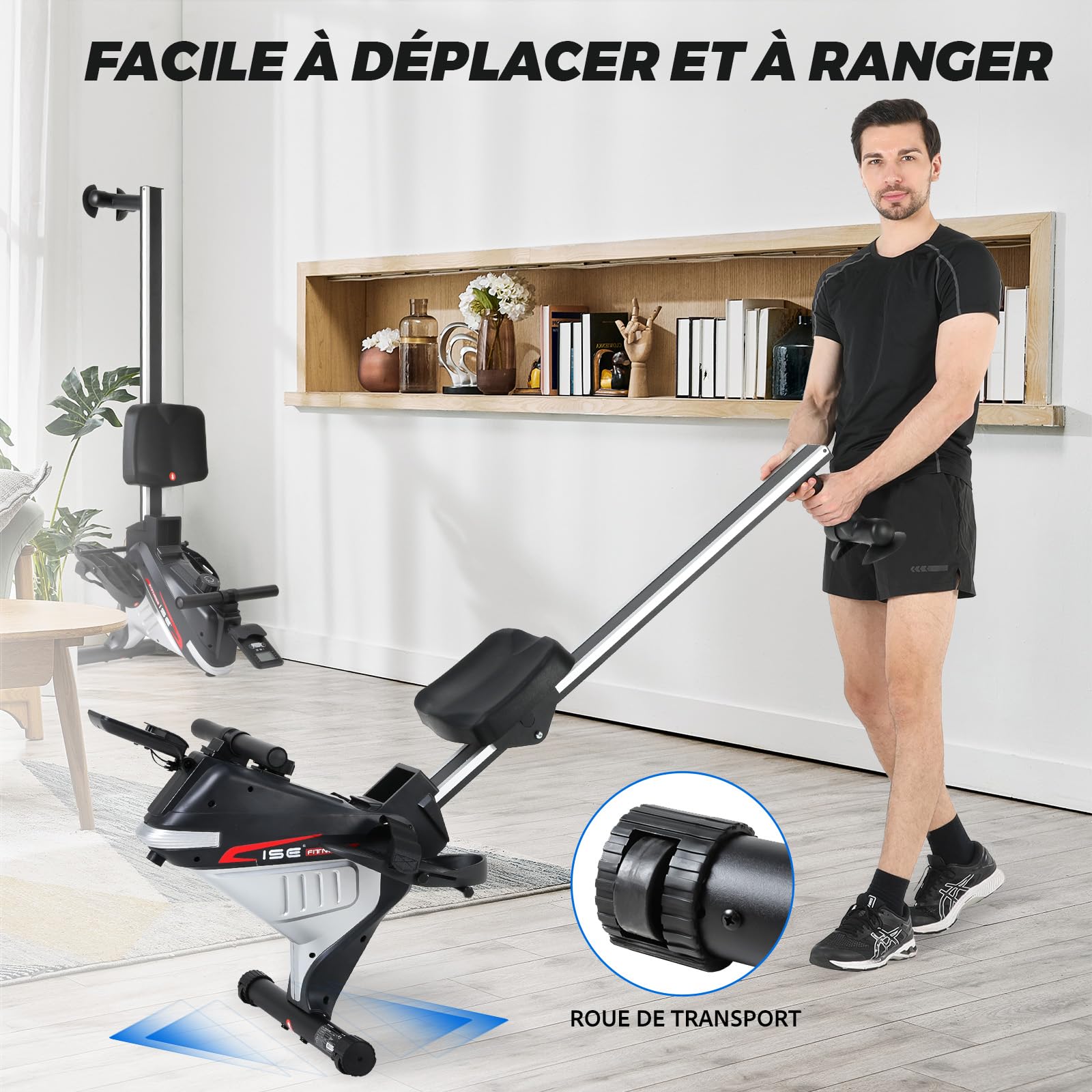 ISE Rameur Musculation, Rameurs Pliable Appartement, Rameur Magnétique 8 Niveaux Résistance, Rowing Machine Silencieux Stable, Rails Solide&Lisse, Rameurs Ecran LCD, Siège Ergonomique, Cardio-Training
